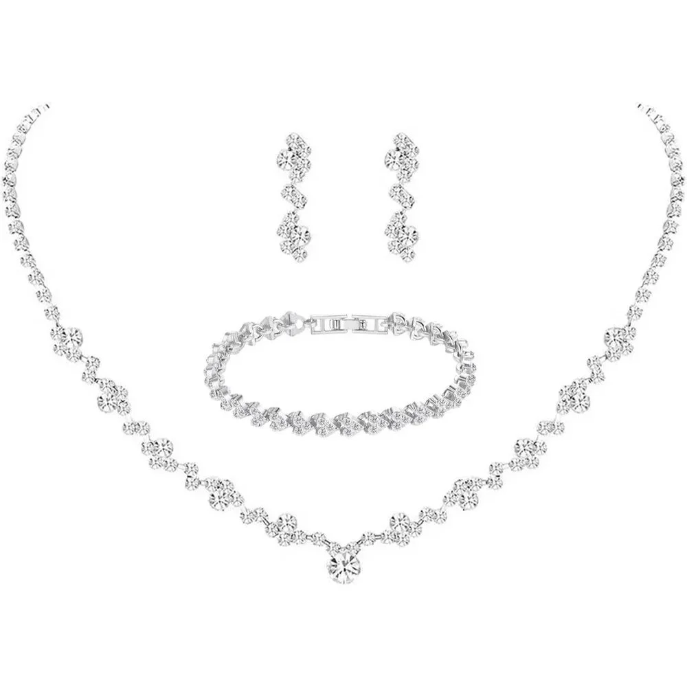 Crystal Wedding Jewelry Set, Silver Necklace Earrings Bracelet Crystal Bridal We